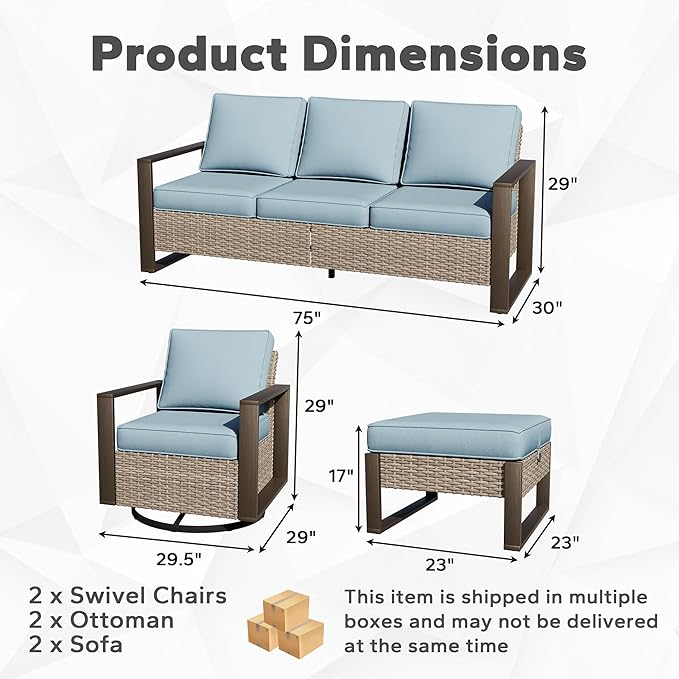 Outdoor Patio Swivel Rocker Chairs, 6 Pieces Wicker Furniture Set, 2 Swivel Rocking Chairs, 2 Sofa and 2 Ottoman, Metal Wide Armrest, Thick Cushions and Deep Seating for Garden, Backyard, Porch, Deck