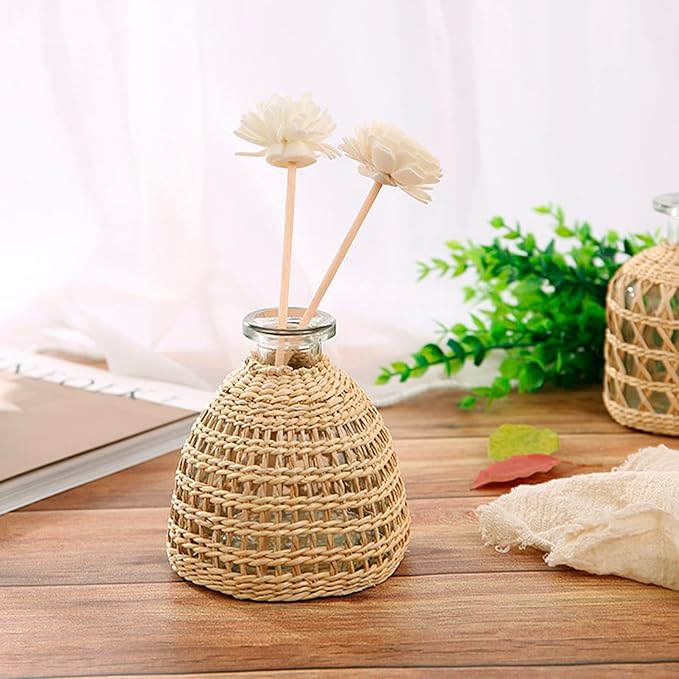 Flower Vases with Rattan Cover, Straw Woven Glass Vase, Rattan Woven Vase Decorative, Glass Flower Vase, Boho Glass Flower Vase, Vase for Home Flower Arrangement Table Decoration, 5.3''X3.5'',D Style
