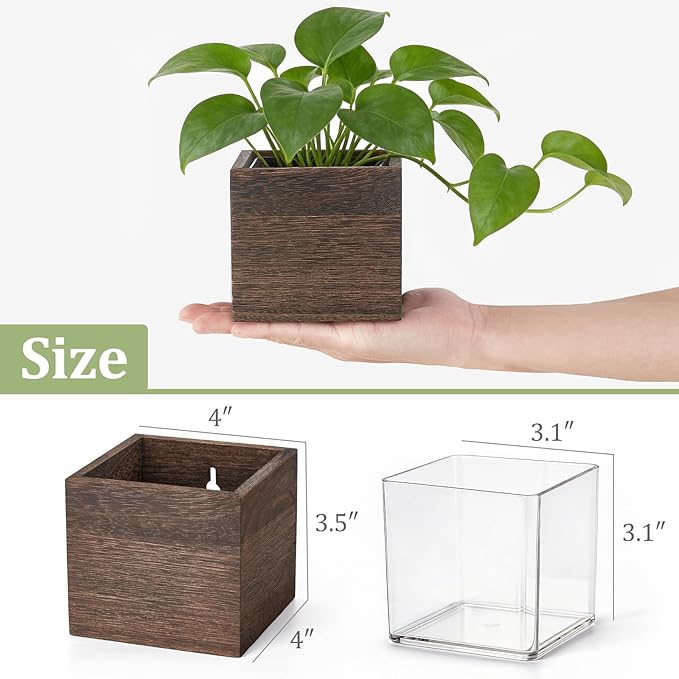 Dahey Small 4 Inch Wood Wall Hanging Planter Boxes for Indoor Plants 3 Pack Square Rustic Farmhouse Wall Mounted Flower Pot Vases with Plastic Liner for Flower Greenery Garden Home Centerpiece Decor