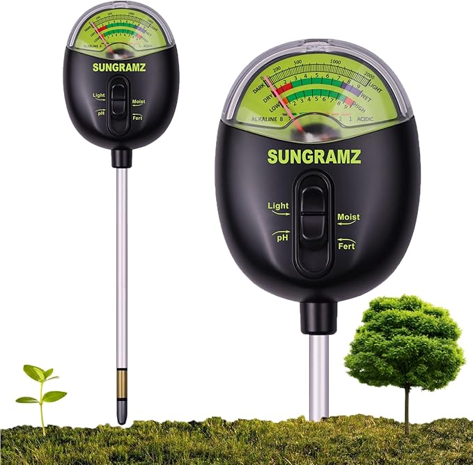Sungramz Soil Moisture Meter for Plants, 4-in-1 Moisture/pH/Fertility/Sunlight Dial Display, pH Soil Tester for Garden, Lawn, Farm, Indoor & Outdoor Use, No Battery Required, Black