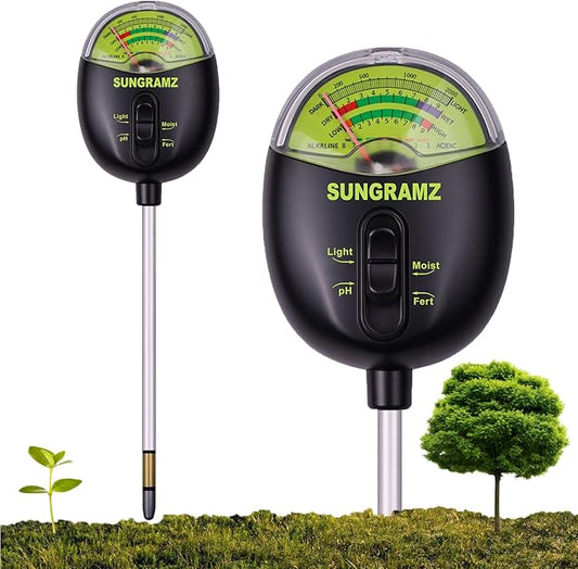 Sungramz Soil Moisture Meter for Plants, 4-in-1 Moisture/pH/Fertility/Sunlight Dial Display, pH Soil Tester for Garden, Lawn, Farm, Indoor & Outdoor Use, No Battery Required, Black