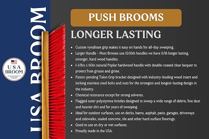 1-Pack - 24" Red Everyday Sweep Indoor/Outdoor Push Broom with 60" Handle. Ideal for Garages & Shops. Durable American Made Steel Brackets-All Stainless Steel Hardware. No Plastic. 100% USA Made