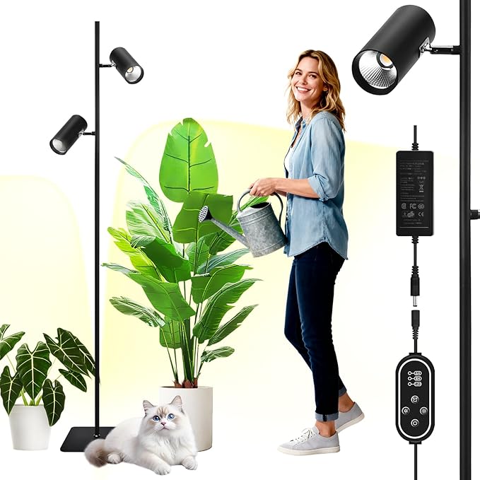 60W Dimmable Grow Light, Full Spectrum COB LED Dual-Head Floor Lamp with High PPFD&CRI, 6/8/12H Timer, Adjustable Height (37"-77") & Angle – Standing Grow Lights for Indoor Plants (4000K Warm White)