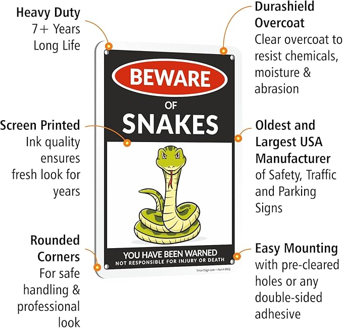 SmartSign Beware Of Snakes Warning Sign - 10"x7", 40 mil Laminated Rust-free Aluminum, Metal Signs for Snake Cave Cage Habitat Decor, Tank Accessories, Outdoors, Gifts - Funny Snakes Theme, USA-Made