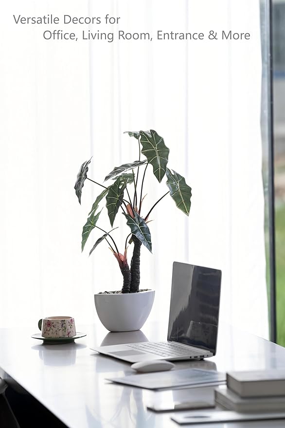 Avoeco Artificial Alocasia Plant – 21.6” Tall Faux Plant in White Ceramic Pot with Pebbles – Realistic Fake Potted Plant for Home, Office, Boho, Modern, Minimalist & Japanese Decor(White)