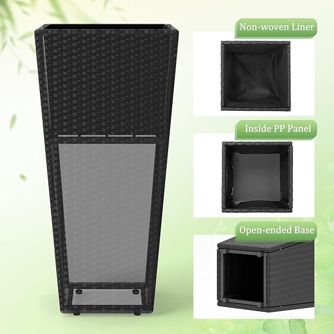 Giantex Set of 2 Outdoor Wicker Flower Pot, 30 Inch Tall Planters with Drainage System, PE Rattan Flower Pots, Indoor Outdoor Decoration for Front Porch Balcony Entryway