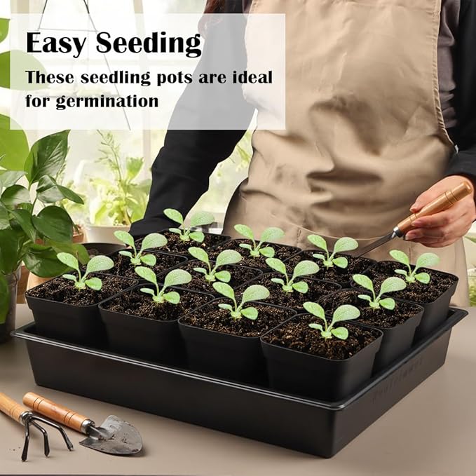 Seed Starter Tray, 5 Packs Plant Tray, Durable Plastic Growing Trays, Stackable Seedling Starter Trays Perfect for Indoor, Outdoor, Greenhouses, 16.5" L x 13.2" W x 2.8" H - Black