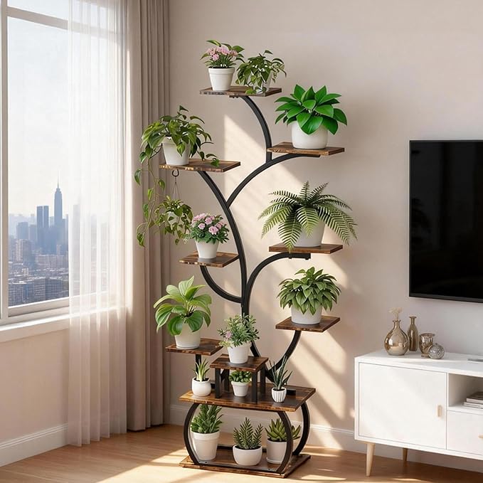 VINGLI 61" Tall Plant Stand with Grow Light, 10-Tier Indoor Plant Shelf with LED Light Strips, Tree-Shaped Metal Rack for Indoor Growing, Black