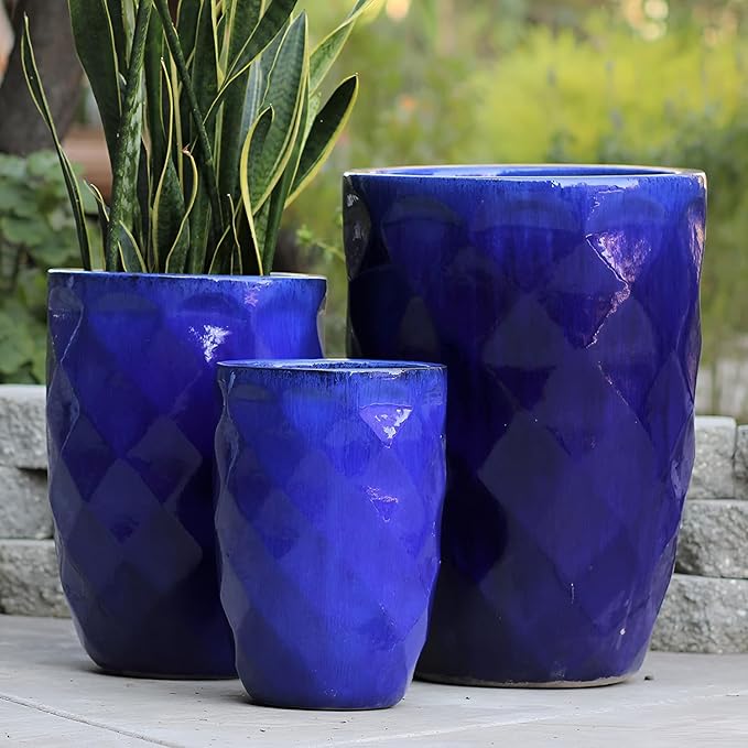 PLANTATOREM Pottery Medium High Diamond Planter Set with Elegant Blue Design - Robust Ceramic with Drainage Holes & Drip Pans - Perfect for Indoors & Outdoors - 18" Diameter x 26" Tall