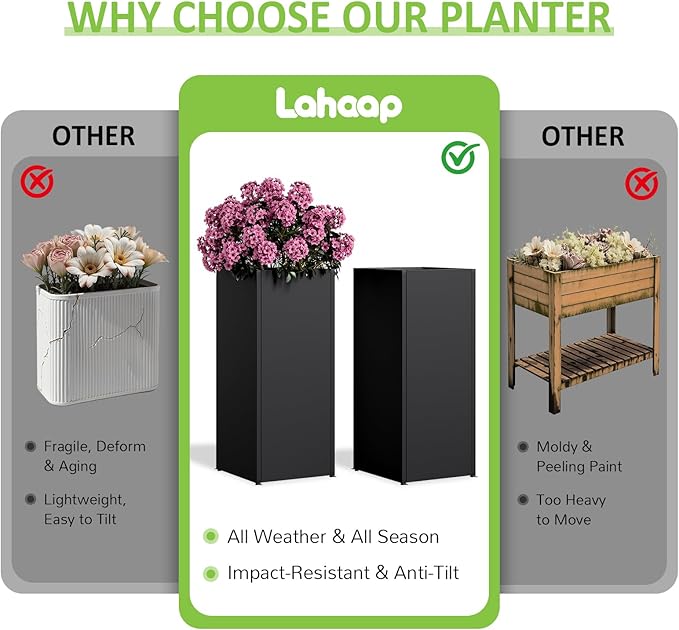 LAHAAP Set of 4 Planter Box Outdoor 30" H x 14.4" W x 13.6" D- Tall Planters for Outdoor Patio/Porch, All-Weather with Anti-Dumping Kit, Durable Galvanized Steel, Modern Design for Plants, Flower