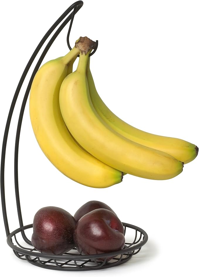 Spectrum Grid Banana Holder Stand Black Modern Metal Fruit Tree Hanger with Hook for Kitchen Countertop Storage, Sturdy Heavy Duty Banana Hanger Hook Keeps Bananas Fresh Longer Preventing Bruises