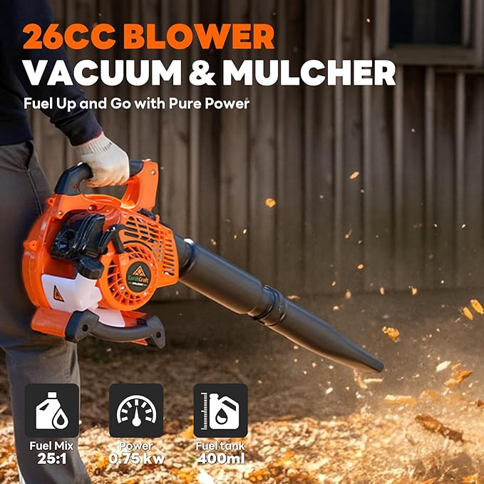 3-in-1 26CC Gas Leaf Blower & Leaf Vacuum Mulcher,Handheld Light Blower with Bag,450CFM 200MPH Gas Powered Leaf Blower for Lawn and Yard Care, Low Vibration 2-Cycle Engine Performance