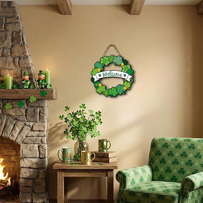 St. Patrick’s Day Decorations, Welcome Shamrock Door Sign, Clover Wooden Hanging Sign, St. Patrick’s Day Shamrock Wreath Door Hanger for Front Door Porch Wall Entryway