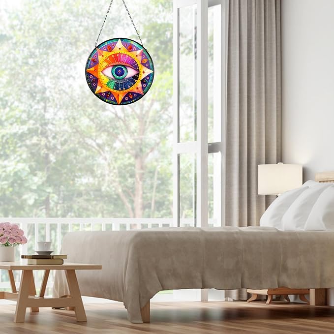 7.8'' Evil Eye Stained Glass Suncatcher,Stained Glass Window Hanging,for Indoor Outdoor Decor,for Women/Friends/Lover