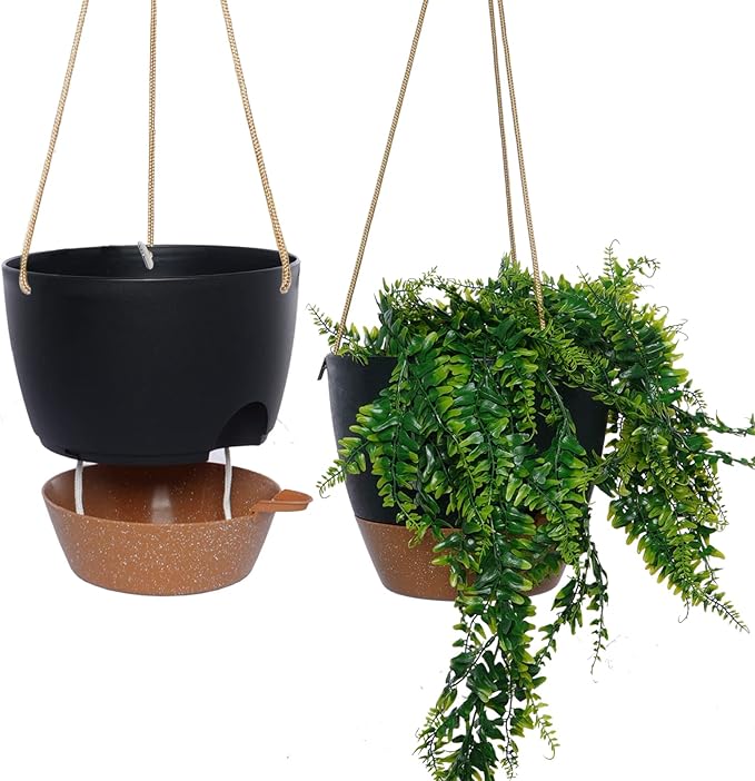 SwinDuck 10 Inch Self Watering Hanging Pots, 2 Pack Hanging Planters with 40oZ Deep Reservior for Indoor Outdoor Plants Flowers, Black with Brown