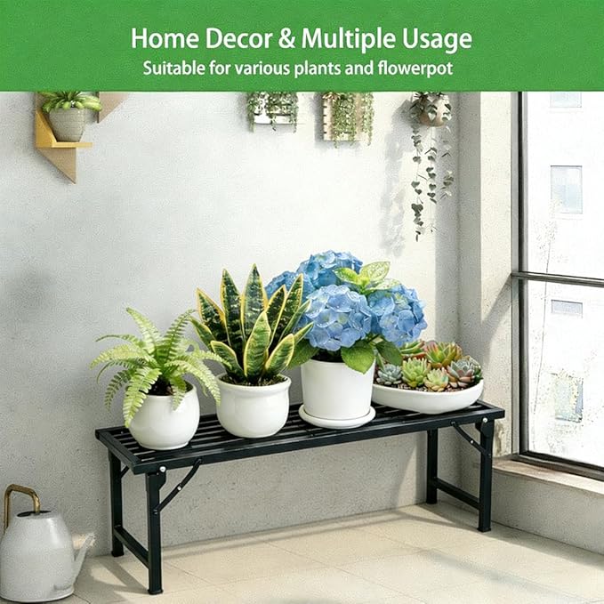Single Tier Metal Plant Stand, Long Narrow Foldable Plant Stand for Indoor Outdoor, Heavy Duty Waterproof Plant Holder for Living Room Balcony Garden Window Patio，Plant Lovers, Display Stand (L33”xH11.7"xW9.7")