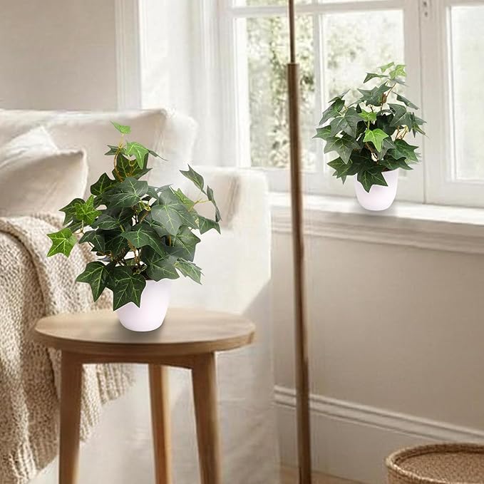 alyptus Fake English Ivy Plants in Pots Set of 2 – Realistic Artificial Ivy Greenery for Home Decor, Tabletop, Office, Shelf, Balcony or Bathroom - Green with White Pots