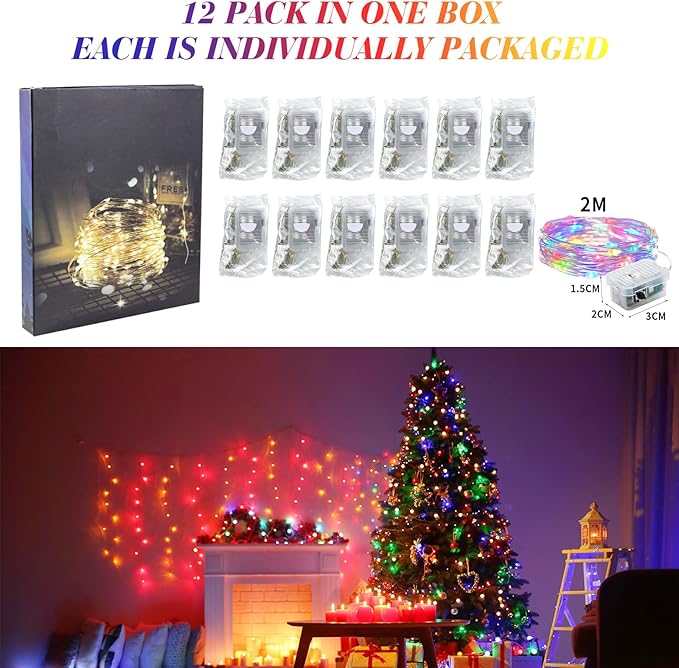 ZGWJ 12 Pack Fairy Lights Battery Operated, 7ft 20 Mini LED Fairy String Lights Silver Wire 3 Modes for DIY, Parties, Wedding, Bedroom, Halloween Christmas Decoration 6 Mixed-Color