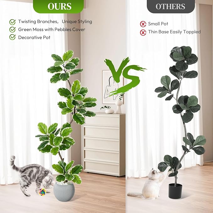 GarveeHome Fiddle Leaf Fig Tree Artificial Indoor, 5 ft Tall Faux Rubber Tree with Sphere Planter, Tall Artificial Plants with Moss for Home Decor Office Living Room