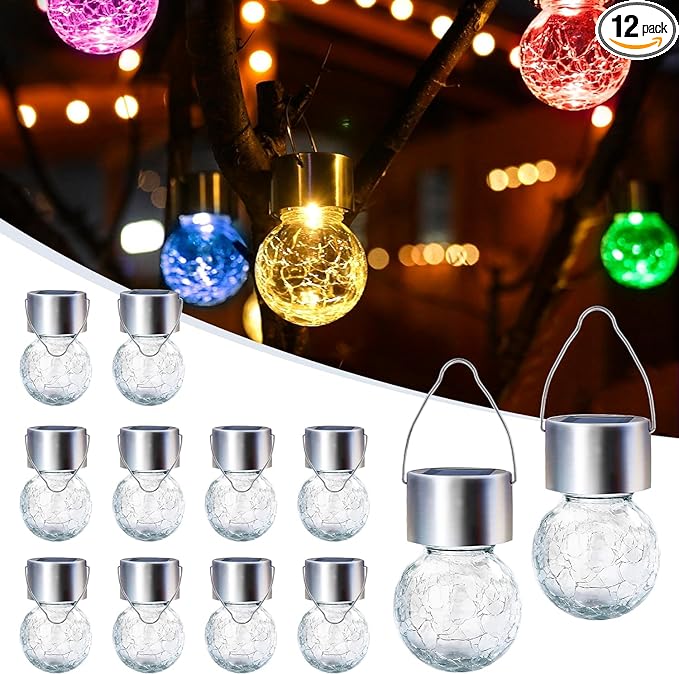 GIGALUMI Solar Lights Outdoor Waterproof ,12 Pack Solar Hanging Lights Garden Decor,Gifts for Women Mom Grandma,Christmas Outdoor Lantern Cracked Glass for Yard, Fence, Tree(Color Changing)