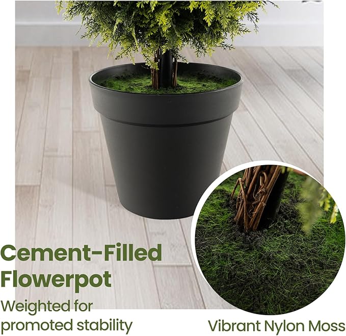 Goplus 4FT Artificial Cedar Topiary Trees for Outdoors, Faux Potted Plants Cypress Trees with Natural Vines, Cement Pot, Fake Evergreen Artificial Topiary for Indoor Home Front Porch Decor