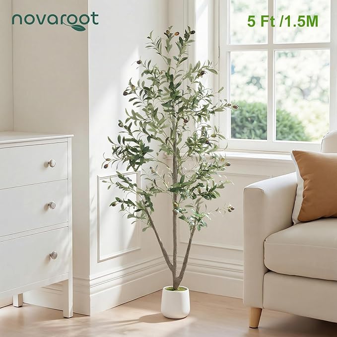 Olive Trees Artificial Indoor, 5FT Tall Faux Olive Tree with Moss and Planter, Artificial Plants Indoor with Natural Wood Trunk and Lifelike Fruits, Fake Tree for Home Office Living Room Decor