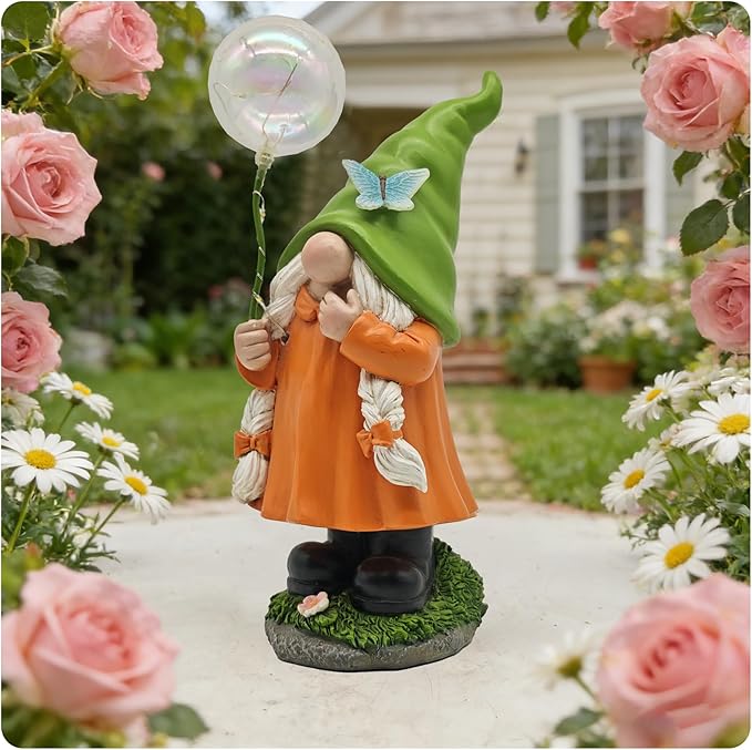 Solar Garden Female Gnome Statue, Detachable Outdoor Garden Decorative Stakes, Resin Statue with Light-Up Butterfly & Bubble Wand, Upgraded 8-10H Lighting, for Yard, Lawn, Flower Bed & Pathway, 10.63"