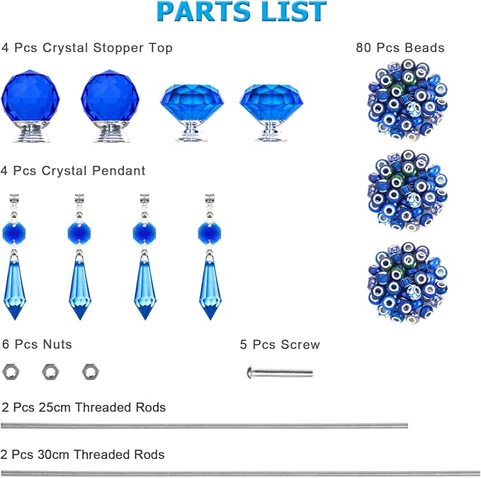Exway 100 PCS DIY Fairy Wand Beaded Garden Stake Beads Kits with Dark Blue Large Hole Beads 4 Crystal Stopper Top Threaded Rods and 4 Dark Blue Sparkling Crystal Pendants for Outdoor Indoor Decor
