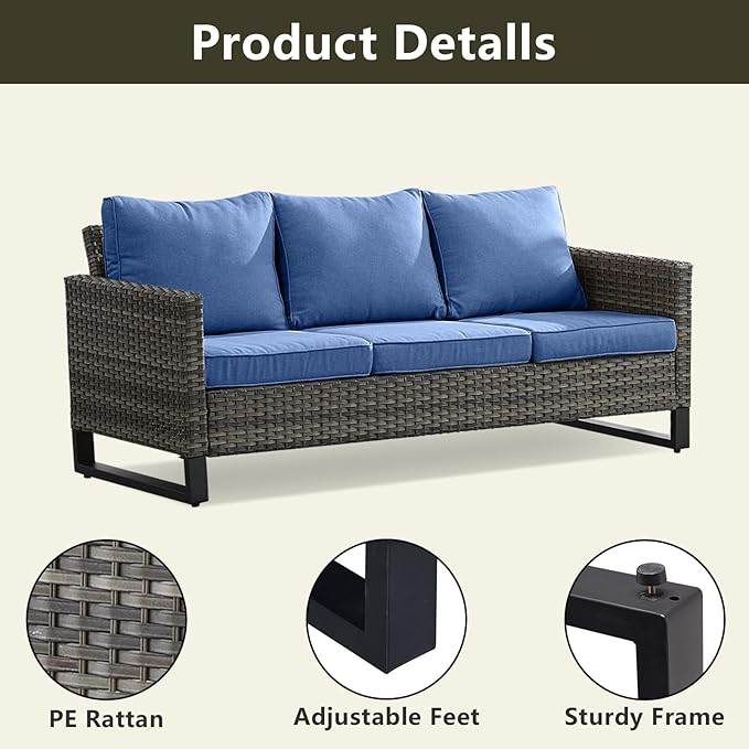Rilyson Wicker Outdoor Patio Furniture Set - 7 Piece Patio Conversation Set with 4 Swivel Rocker Chairs,2 Rattan Ottoman and 1 Couch for Outside Porch Deck Backyard(Mixed Grey/Blue)