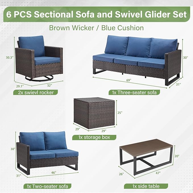 Belord Family Reunion Patio Conversation Set - 6 Piece Outdoor Sectional Furniture Set with Storage Box and Wicker Swivel Glider Chair Set of 2,Removable Blue Cushions for Deck Backyard Sunroom