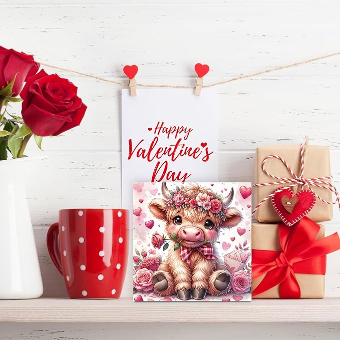 Valentines Day Decorations, Valentines Decor, Pink Valentine's Table Decor, Highland Cow Valentine's Gifts for Boyfriend Girlfriend, Highland Cow Decoration Gifts, Office Home Wooden Decoration Sign