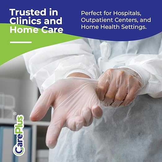 CARE PLUS Pro Vinyl Clear Gloves - Large Size, 100 Count | Latex-Free, Powder-Free, Heavy Duty, Non-Sterile, | Food Prep, Kitchen & Cleaning Gloves, Hair Coloring | Ideal for Professional Use