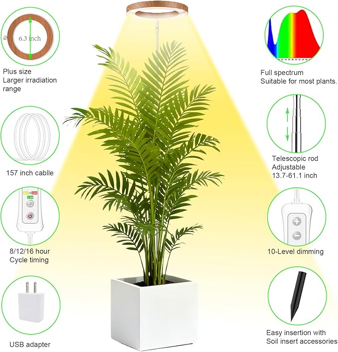 yadoker Plant Grow Light,LED Growing Light Full Spectrum for Indoor Plants,Aluminum Cherry Wood Grain Plant Lights,Height Adjustable, Automatic Timer, 5V Low Safe Voltage