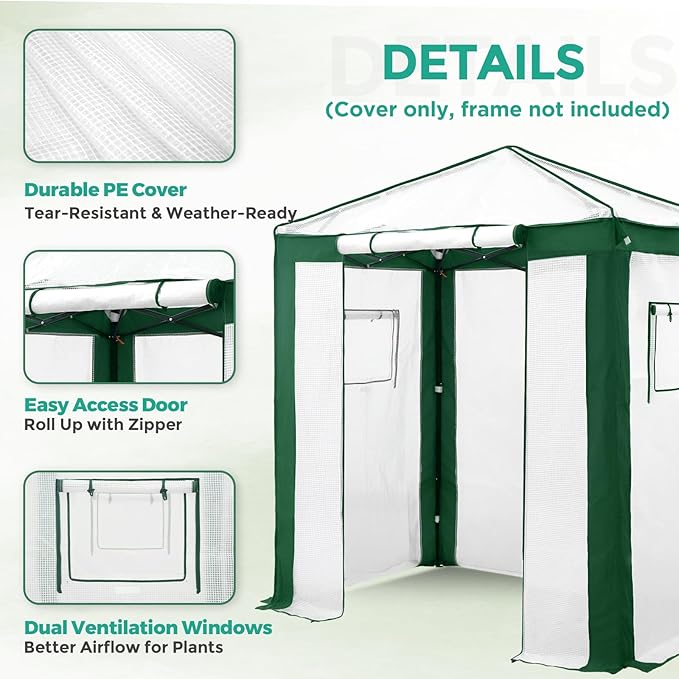 EAGLE PEAK Replacement Cover for 6x4 Portable Pop up Greenhouse with Polyester Reinforced Corners, Front Roll-Up Zipper Entry Door and 2 Roll-Up Side Windows (Frame Not Included), Green/White