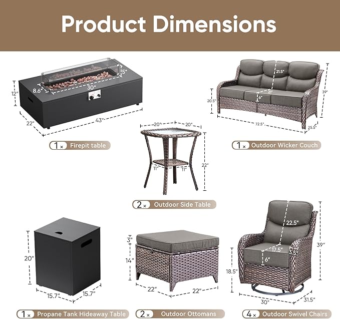 HUMMUH Luxury Patio Furniture Set 6-inch Thick Cushions High Back Swivel Rocker Chairs & 3 Seater-Couch & Steel Fire Pit Table 11 Pieces Outdoor Conversation Set for Porch,Deck,Backyard