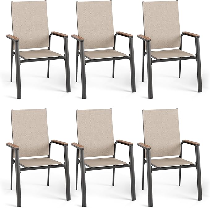 PHI VILLA Outdoor Stackable Chairs, Patio Chairs Set of 6, Light Weight Aluminum Frame with Textilene Fabric & Wood Armrest, High Back Deck Chairs for Poolside Lawn Garden, Beige