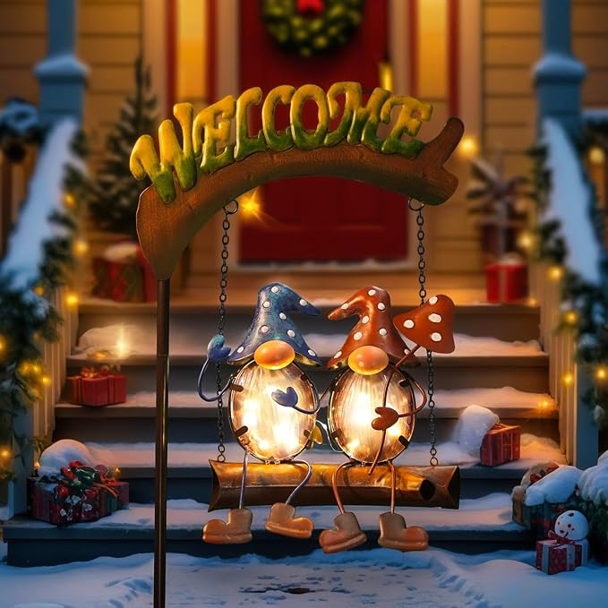 HONGLAND Gnomes Garden Decor Solar Lights Cute Gnome Swing Outdoor Decor, Gnomes Yard Lights Decor Housewarming Gifts for Women Welcome Signs for Lawn Porch Backyard Patio