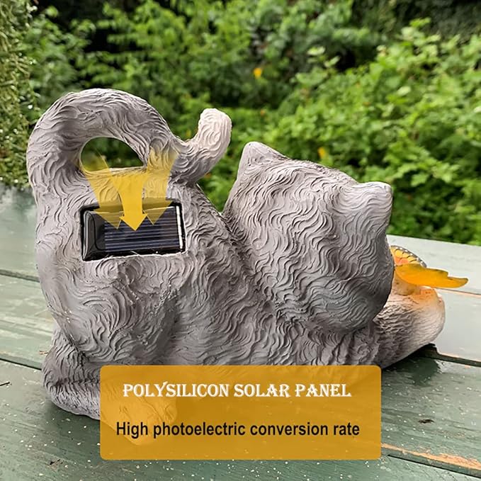hYwecy Solar Garden Statue Cat,Garden Figurine Outdoor Decoration with Cat Holding Butterfly for Yard,Patio,Lawn Art Decoration,Housewarming Gift