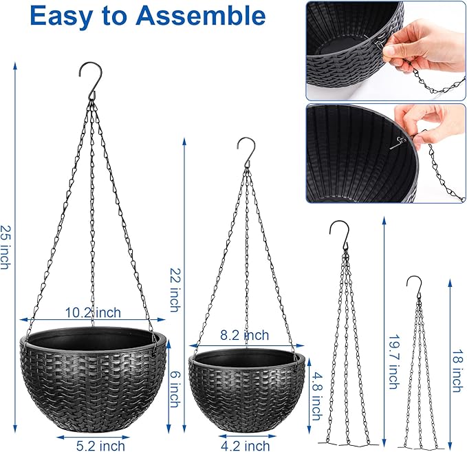 Foraineam Dual-Pot Self-Watering Hanging Planters, Black, 2 Pack, Indoor/Outdoor, Rattan Design, 10.2in and 8.2in