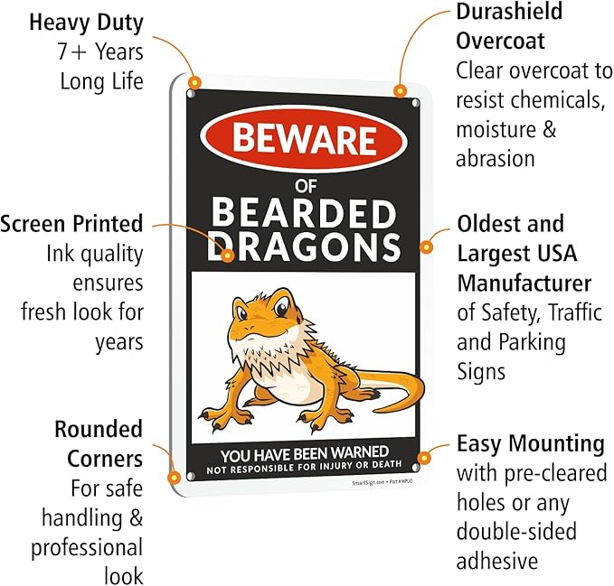 SmartSign Funny Beware Of Bearded Dragons Warning Sign - 10"x7", 40 mil Laminated Rust-free Aluminum - Metal Signs for Wall Decor, Outdoor, Patio, Gifts, Cafe - Dragon Theme, Made in USA