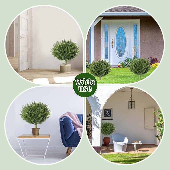 15.7" Christmas Fake Shrubs, Artificial Cedar Ball Tree Plant, 4 Packs of Fake Cedar Outdoor shrubs with Ground Spike, UV Resistant Fake shrubs, Used for Indoor and Outdoor Front Porch Gardens