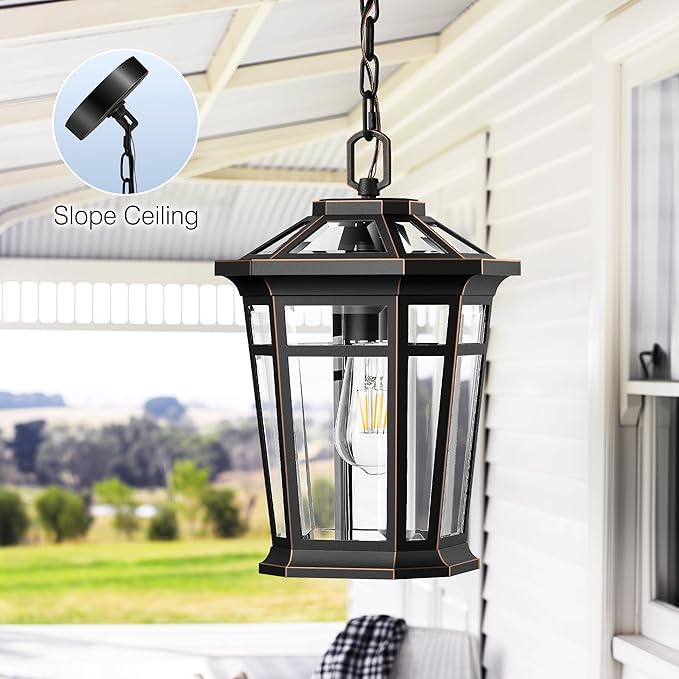 VIANIS Large Outdoor Pendant Light with Adjustable Chain, Black Hanging Lights with Gold Trim, Aluminum Outdoor Chandelier for Porch with Tempered Glass, Hanging Lighting for House, Doorway, Entryway