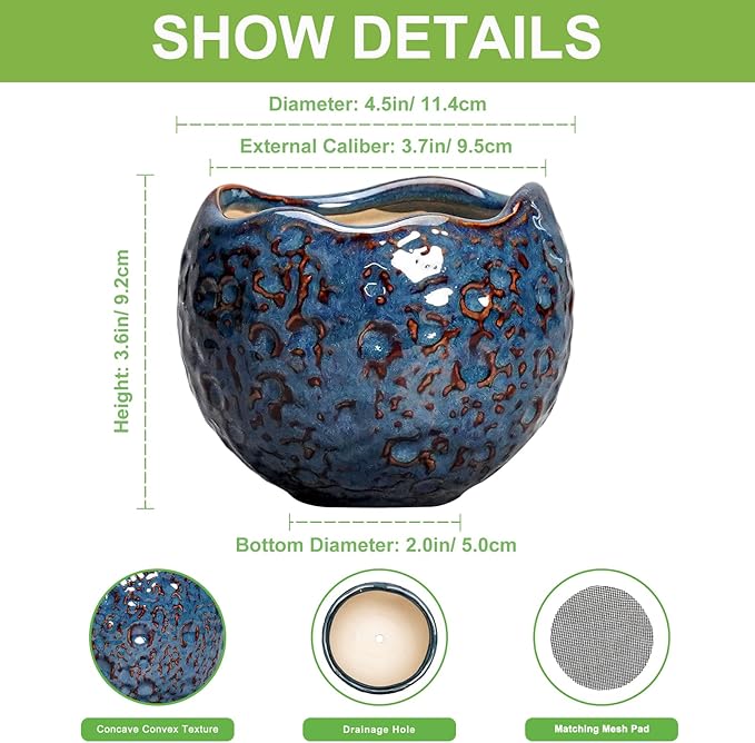 Thirtypot Ceramic Pots for Plants - 4 inch Plant Pots for Indoor Outdoor, Small Planter with Drainage Hole, Unique Flower Pot, Decorative Modern Round Planter, Office Decor, Home Gifts, Retro Blue