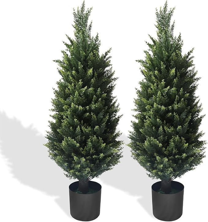 37 Inch Set of Two，Artificial Cedar Topiary Tree, for Indoor & Outdoor Decoration, UV Protection Potted Shrubs for Front Door, Beautiful and Lifelike Tree(37 Inch)