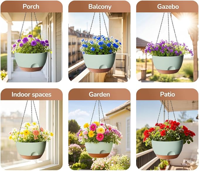 LESOASIS Hanging Planter for Indoor Plants, 10 Inch Self-Watering Hanging Planters with Drainage Holes and Chain, Set of 2 Outdoor Hanging Pots for Garden Home