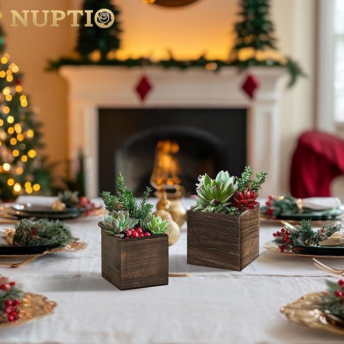 NUPTIO Wooden Box for Centerpiece Wedding: 6 Pcs Rustic Square Planter Box for Christmas Table Fall Decorations - 4×4" & 5×5" Small Wood Vases Flower Pots for Windowsill Home Garden Decor