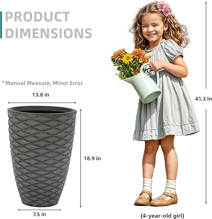 Ultym 19" H Coastal Planter for Indoor/Outdoor Plants, Set of 2 Large Flower Pot with Drainage Hole, Weather/UV Resistant Resin Planters for Garden Patio Porch Home Office Decor, Rustic Black Wavy