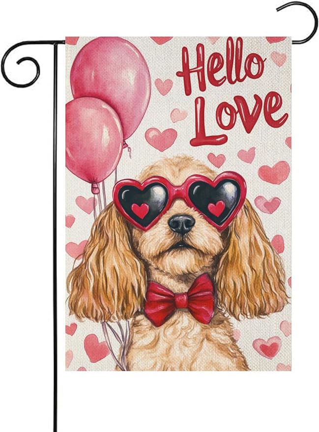 Valentine's Day Cocker Spaniel Hello Love Garden Flag, House Yard Plaid Love Heart Outside Decoration, Spring Holiday Wedding Anniversary Outdoor Small Decor 12x18(12643)