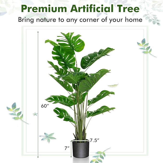 5FT Fake Monstera Deliciosa Plants, Faux Monstera Plant w/15 Turtle Leaves, Cement-Filled Plastic Pot, 60 Inch Fake Plant for Indoor Home Office Living Room Decoration Set of 2