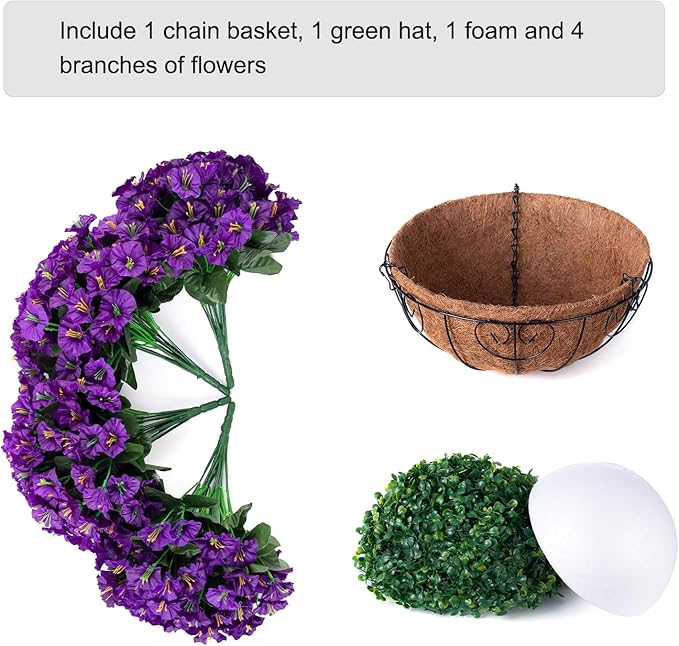 Artificial Fake Hanging Flowers Plants Basket for Outdoor Spring Summer Decoration, Faux Silk Flowers Outside Look Real Morning Glory UV Resistant for Porch Patio Balcony Garden Yard Home Purple